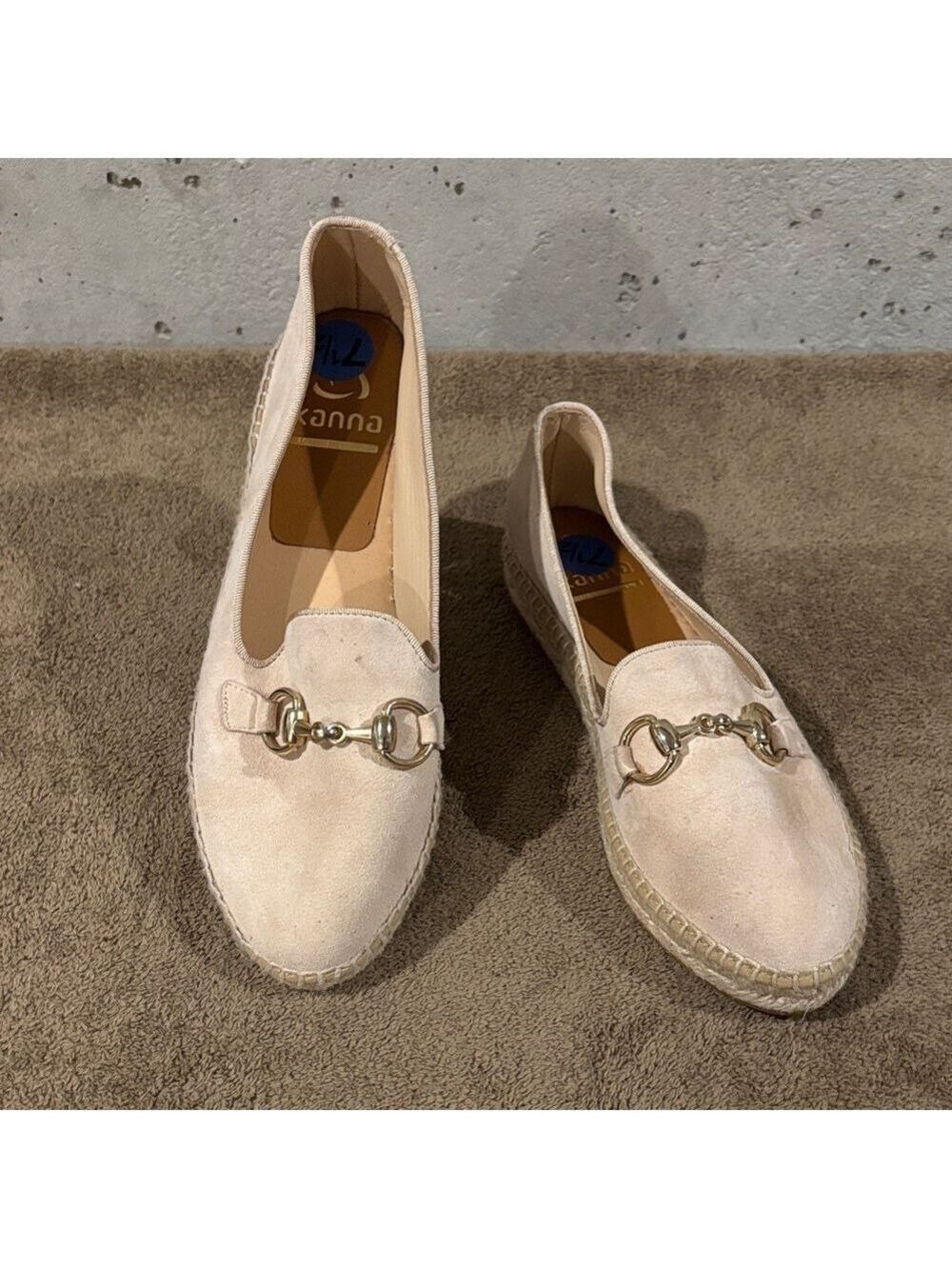 Kanna Beige Suede Loafers with Gold Accent Buckle - Size 7.5